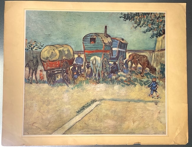 Vincent Van Gogh "Les Roulottes" Print: Title: Français : Les roulottes, campement de bohémiens, English: Encampment of Gypsies with Caravans. Description: Les roulottes, campement de bohémiens aux environs d'Arles, which translates too