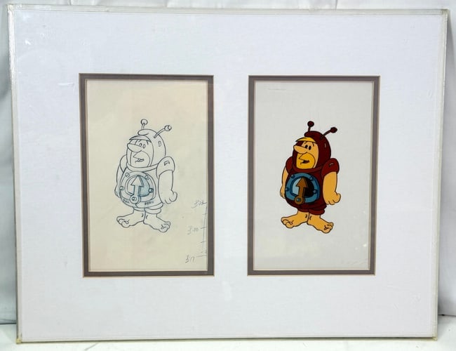 Hand Painted Barney Rubble Animation Cel with Preparatory Drawing: Hand Painted Barney Rubble Animation Cel with Preparatory Drawing. This is a cool old piece, it it is great condition. The left hand side is a pencil drawing, the stencil for the cartoon and the one o