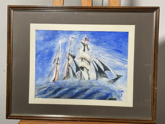 1981 M. Missel Watercolor Painting - Framed / Signed: 1981 M. Missel Watercolor Painting - Framed / Signed. This is a beautiful painting. The artist used hues of blues to create a sereal background of ocean water surrounding the ship as it glides ever so