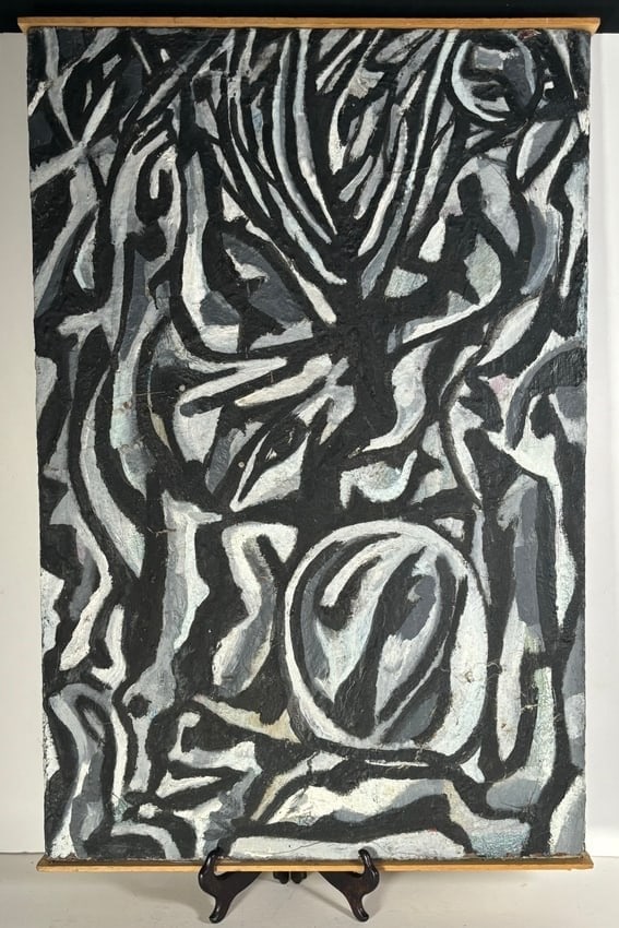 La Bass Daniel Buckler 1969 Oil on Canvas: This is a La Bass Daniel Buckler 1969 Oil on Canvas Piece. This is a nice painting it is in great condition, The atrist used blacks, grays and white colors to create an abstract piece. part of the