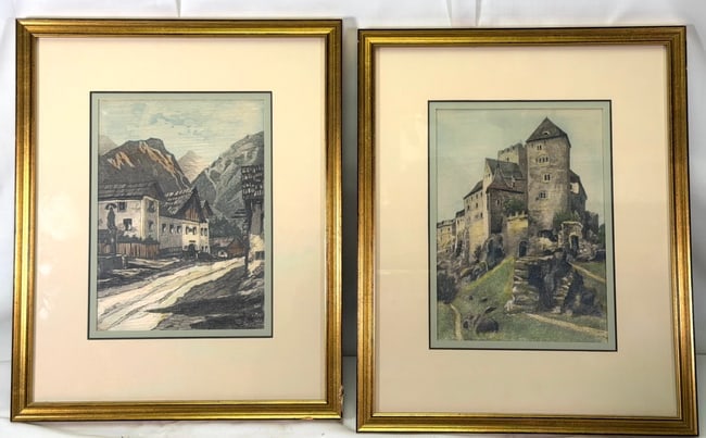 (2) Silk Etching H Leisch Kärnten, Mid-Century AUSTRIA Village Town Scene Signed: (2) Silk Etchings H Leisch Kärnten, Mid-Century AUSTRIA Village Town Scenes, they are both Signed, The previous owner cut and taped to the back of the frame. The first is a scene from village in Aust