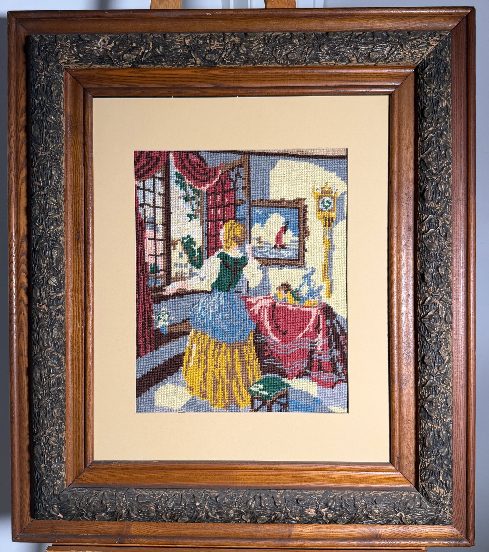 4 Needlepoint Tapestrys: (1) Antique Victorian Dame Ann Venster by Dutch Artist Jan Vermeer Van Deeft (1632–1675) Needlepoint Tapestry. Stitched to create a unique pattern and design. This specific tapestry depicts a women 