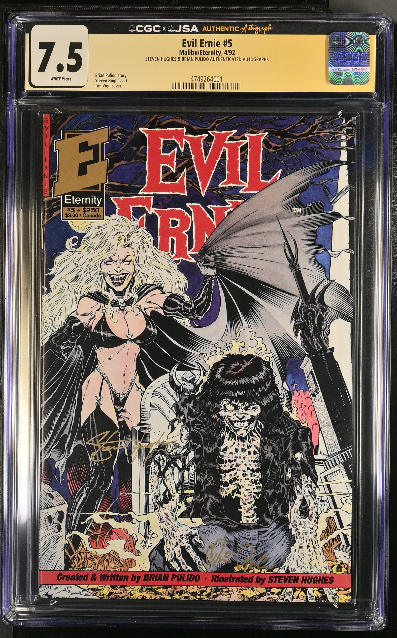Evil Ernie #5 Malibu/Eternity, 4/92 - G: 7.5- Steven Hughes & Brian Pulido Authenicated Autographs: TOP POP! CGC Cert #: 4749264001, Title: Evil Ernie, Issue: 5, Issue Date: 4/92, Issue Year: 1992, Publisher: Malibu/Eternity, Grade: 7.5, Page Quality: WHITE, Grade Date: 2026-07-17, Label Category: