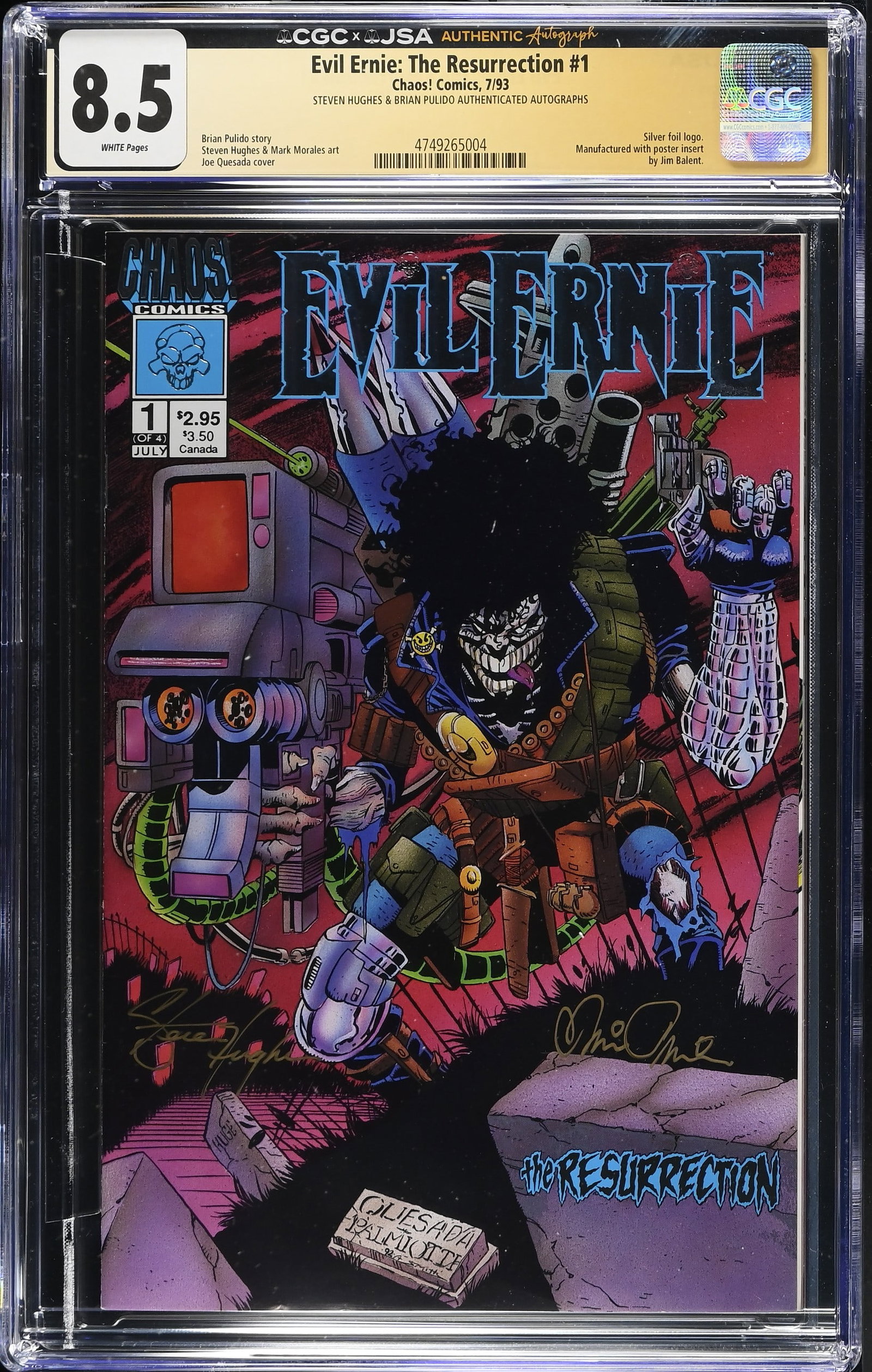 Evil Ernie: The Resurrection #1 Chaos! Comics, 7/93 - G:8.5 - Steven Hughes & Brian Pulido: CGC Cert #: 4749265004, Title: Evil Ernie: The Resurrection, Issue: 1, Issue Date:7/93, Issue Year: 1993, Publisher: Chaos! Comics, Grade: 8.5, Page Quality: WHITEGrade Date: 2026-07-31, Label Categor