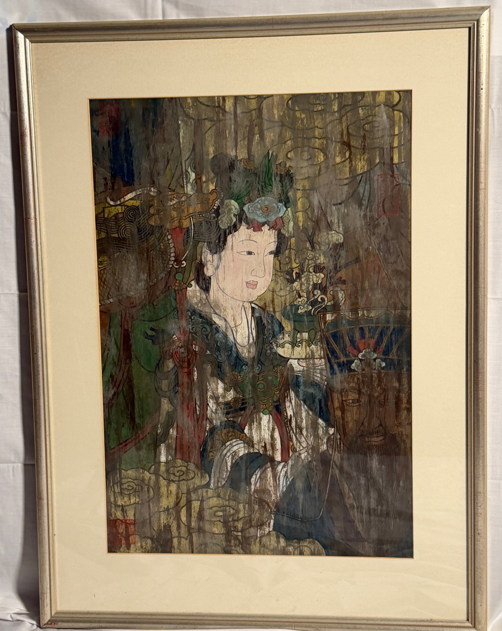 Framed Japanaese Watercolor Asian Framed Painting: A watercolor painting that depicts a traditional East Asian Lady. Own a piece of timeless artistry. This exquiste paintning captures a captivating figure wearing traditional attire. The rich texture o