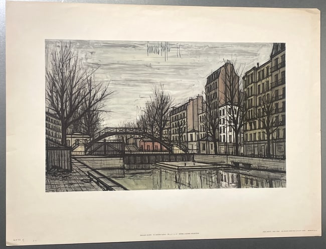 St. Martin Canal by Bernard Buffet Print - Michel Garnier Collection: A print by French artist Bernard Buffet titled "St. Martin Canal," which was part of the Michel Garnier collection. Bernard Buffet (1928-1999), a French painter, printmaker, and sculptor known for his