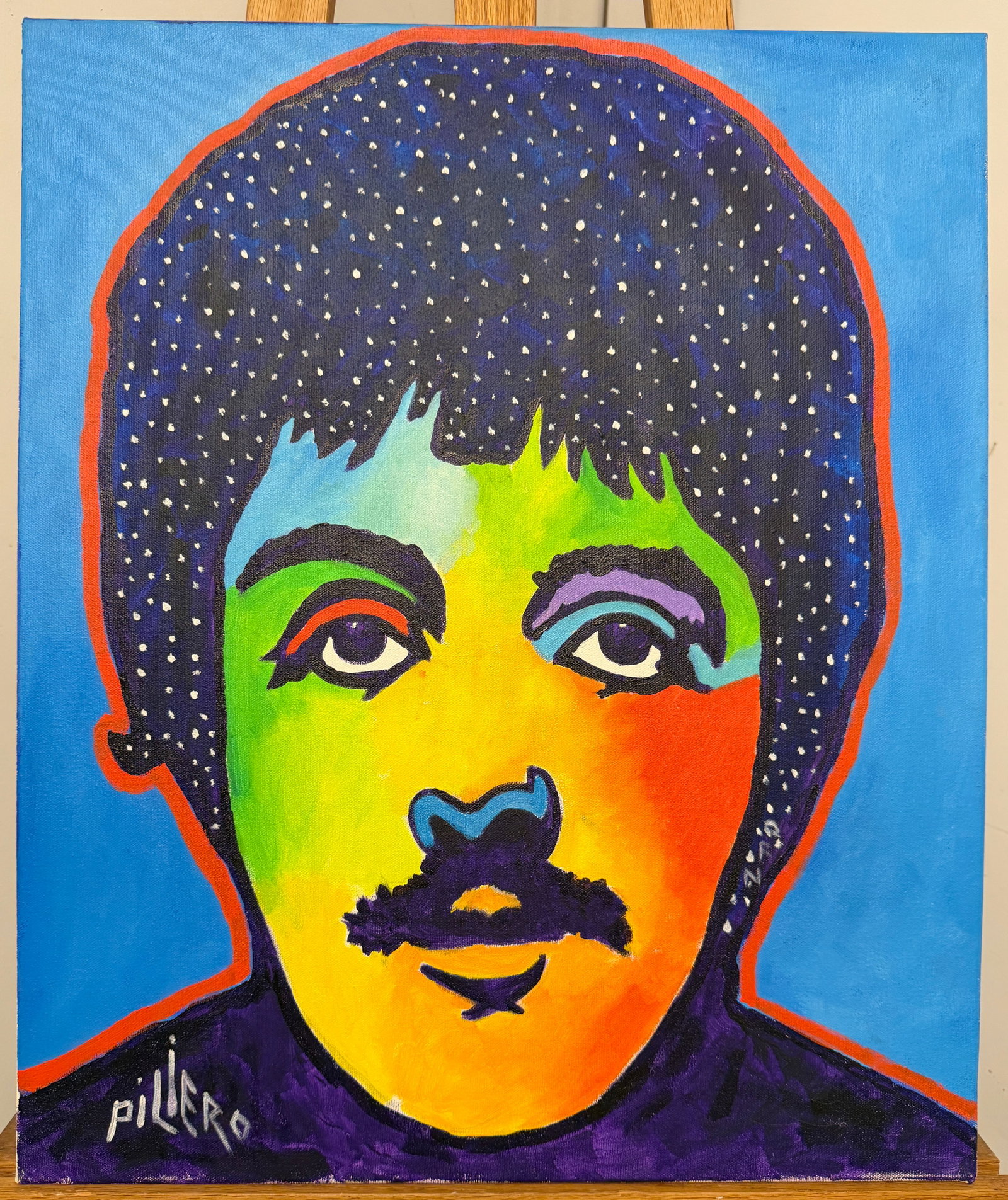 Portrait of Paul McCartney by Nick Piliero Canvas Acrylic Painting 2016: Step back in time with this groovy looking piece of art. The artist has mastered the skill of using colors and making them pop in ways never seen before. His patterns and colors give a vintage flare t