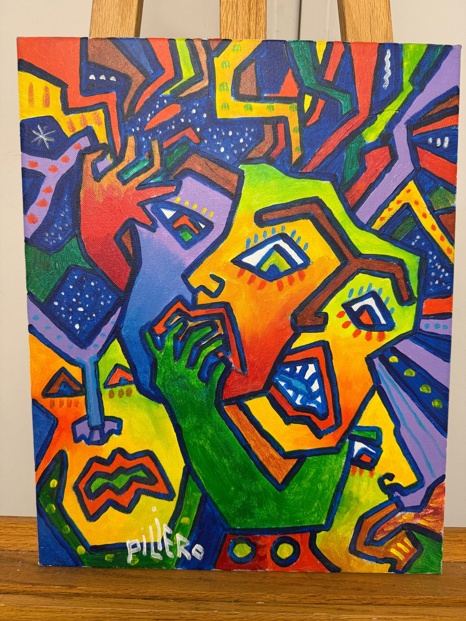 Abstract Acrylic Painting by Nick Piliero 2012: A vibrant piece full of energy! The colors just pop and the abstract style is just capttivating. It looks like theres a lot going on in this piece, everything interlocks from the faces to shaoes. Ther
