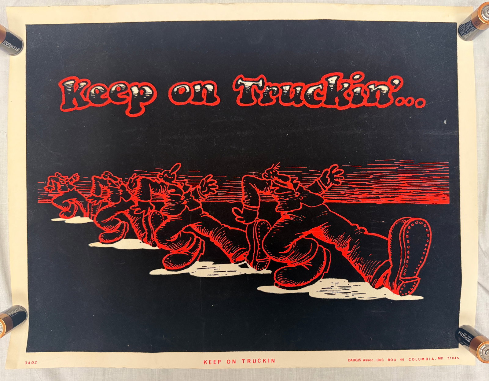 1970s Dagris "Keep on Truckin'" black and orange felt/flocked blacklight poster (1 of 5)