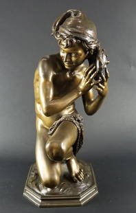 Late 19th C. Patinated Bronze Figure Jeune Pecheur "A: Late 19th C. Patinated Bronze Figure Jeune Pecheur "A La Coquille", by Jean Baptiste Carpeaux, French 1827-1875 Susse Freres Foundry, Paris Circa 1880. Measures H: 24 1/4" W: 10" Depth: 14"