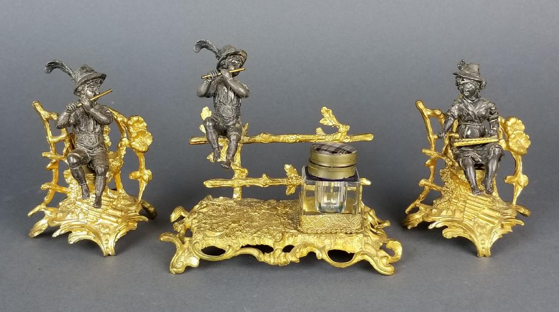 3 Pc. French Figural Bronze Inkwell Set, 19th C. (1 of 7)