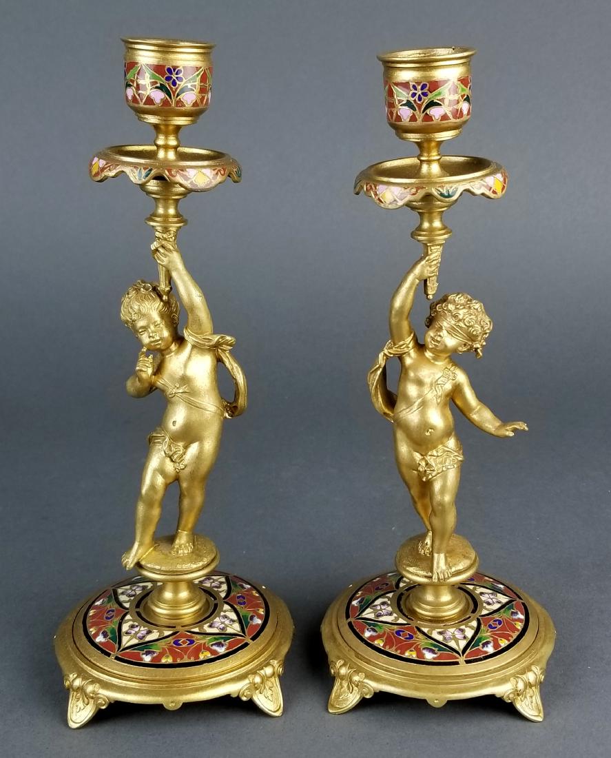 Pair of 19th C. French Champleve Figural Candlesticks (1 of 5)