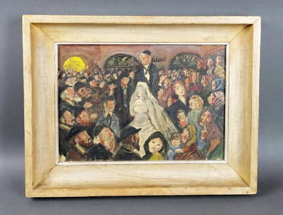 Framed Oil on Board "The Jewish Wedding" by Samuel: Framed Oil on Board "The Jewish Wedding" by Samuel Rothbort, 1950 New York. The frame measures 17 3/4" x 13 3/4" and the painting measures 13 1/4" x 9 1/2"