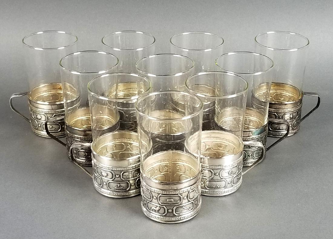 Set of 10 Silverplated and Glass Cups "Sign of 12: Set of 10 Silverplated and Glass Cups "Sign of 12 Tribes of Sons of Jacob", Made in Israel. They measure H: 4 3/4" W: 3 1/2"