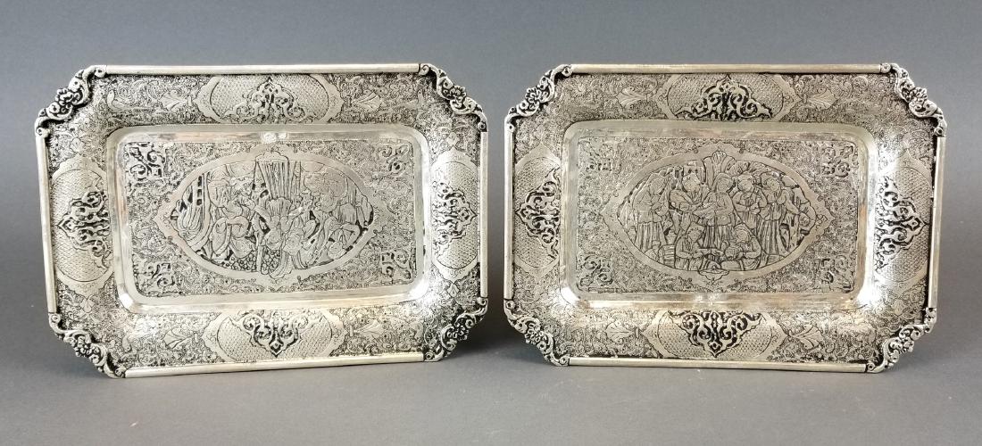 Pair of Persian Silver Hand Hammered/Engraved Trays: Pair of Persian Silver Hand Hammered/Engraved Trays. They measure 8 1/4" x 6". Total weight is 667 grams