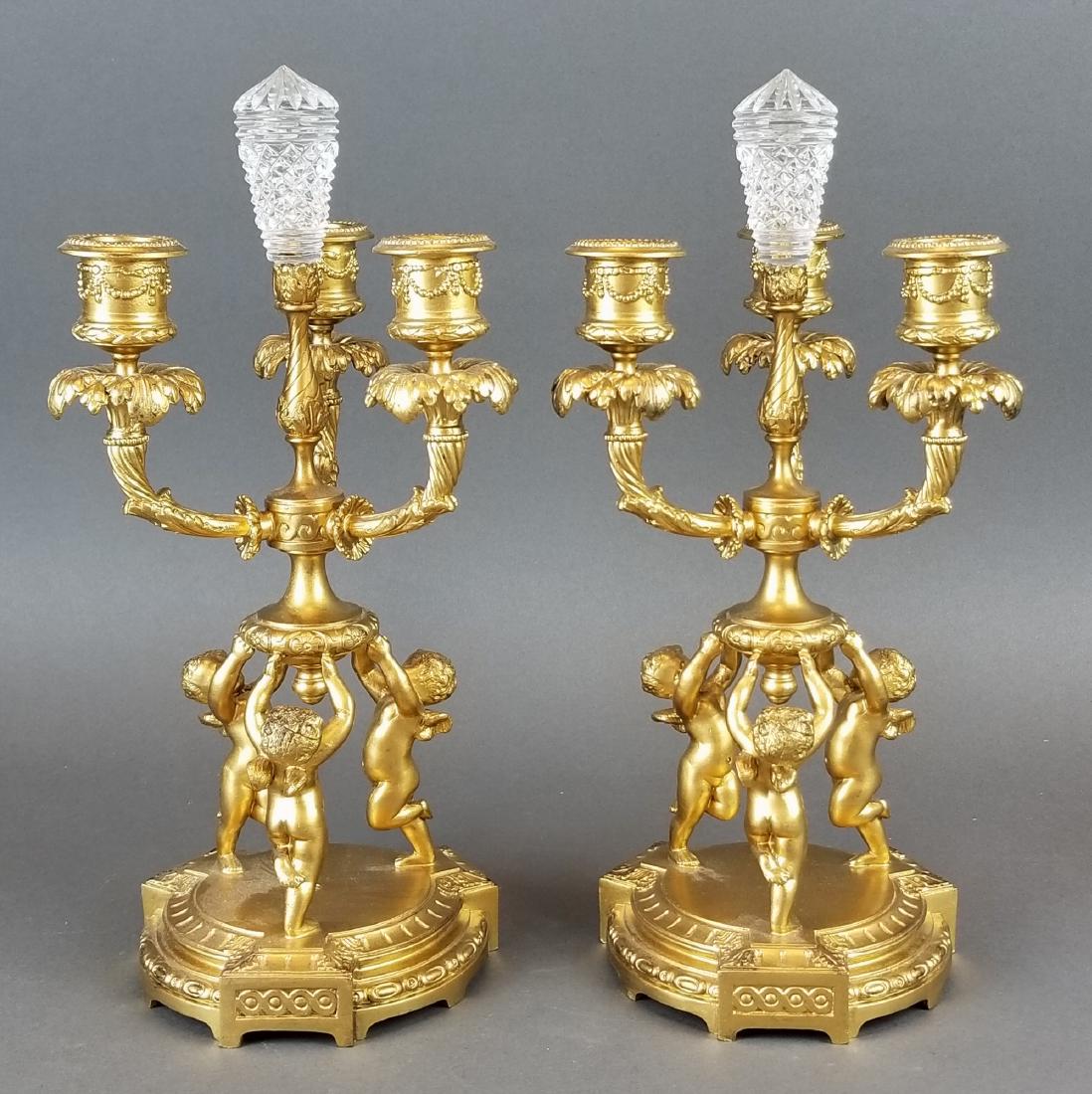 Pair of Pairpoint Bronze & Crystal Candelabras: Pair of Pairpoint Bronze & Crystal Candelabras. Measures H: 12 3/4" W: 6"