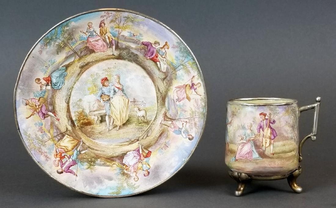 19th C. Viennese Enamel Cup & Saucer: 19th C. Viennese Enamel Cup & Saucer. The cup measures H: 2 1/2" and the saucer measures 4 3/4" Diameter