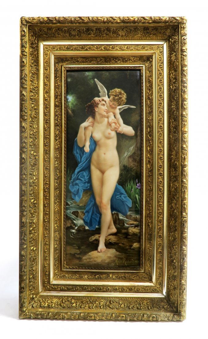 Monumental 19th C Nude Berlin KPM Plaque By MORTENSE: Monumental 19th C Nude Berlin KPM Plaque By MORTENSE RICHARD 1882. The frame measures H: 32 1/2" x W: 18 1/2" and the plaque measures H: 23" x W: 8 1/2".
