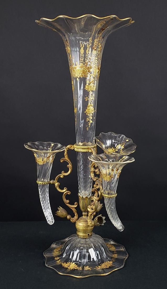 Gilt Bronze & Gilt Hightened Glass Epergne, C. 1930: Gilt Bronze & Gilt Hightened Glass Epergne, C. 1930. Measures H: 16 3/4" W: 8"