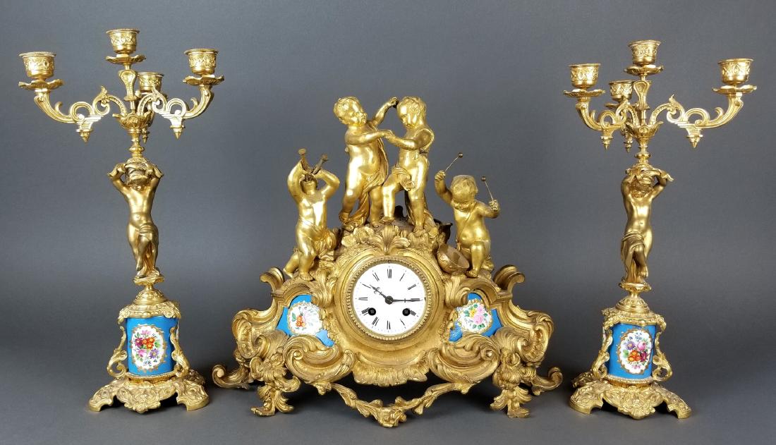 19th C. French Sevres & Figural Bronze Clockset (1 of 7)