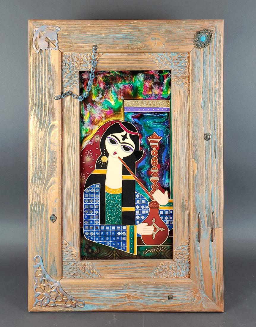 Framed Persian Painting on Copper of Woman with Hookah (1 of 3)