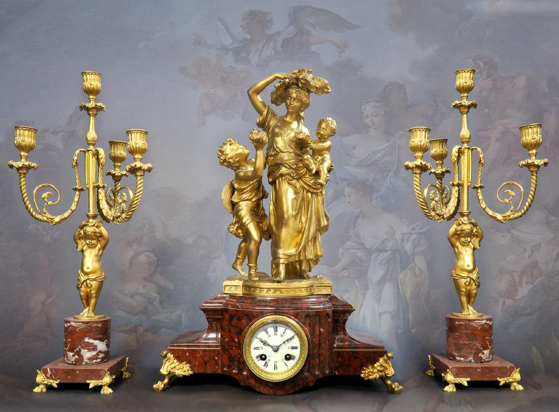 19th C. Rouge Marble & Gilt Bronze Figural Clockset (1 of 7)