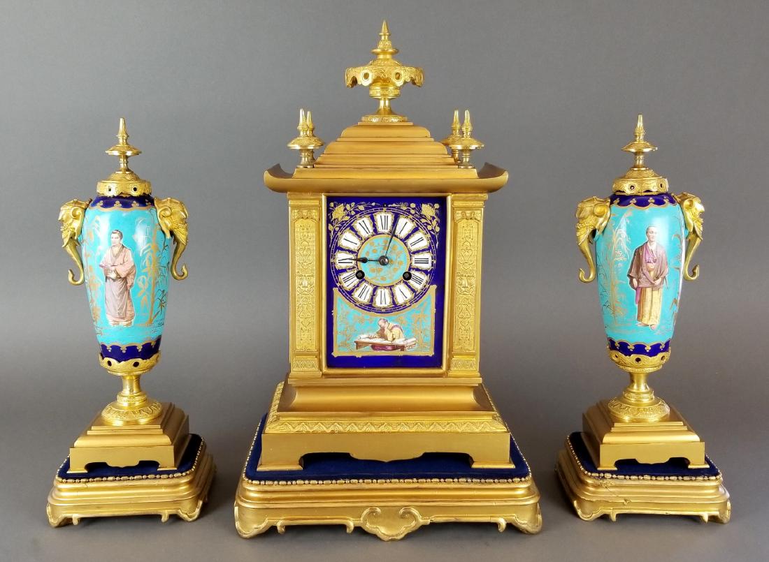 19th C. French Chinoiserie Bronze & Porcelain Clockset (1 of 7)