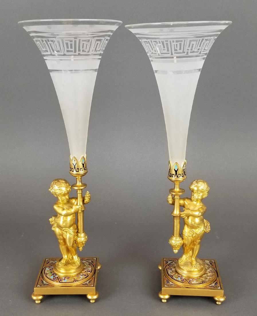 Pair of French Champleve & Baccarat Crystal Vases, 19th (1 of 3)