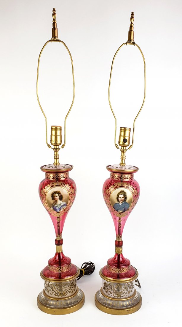 Pair of Bohemian Cranberry Glass Lamps (1 of 7)