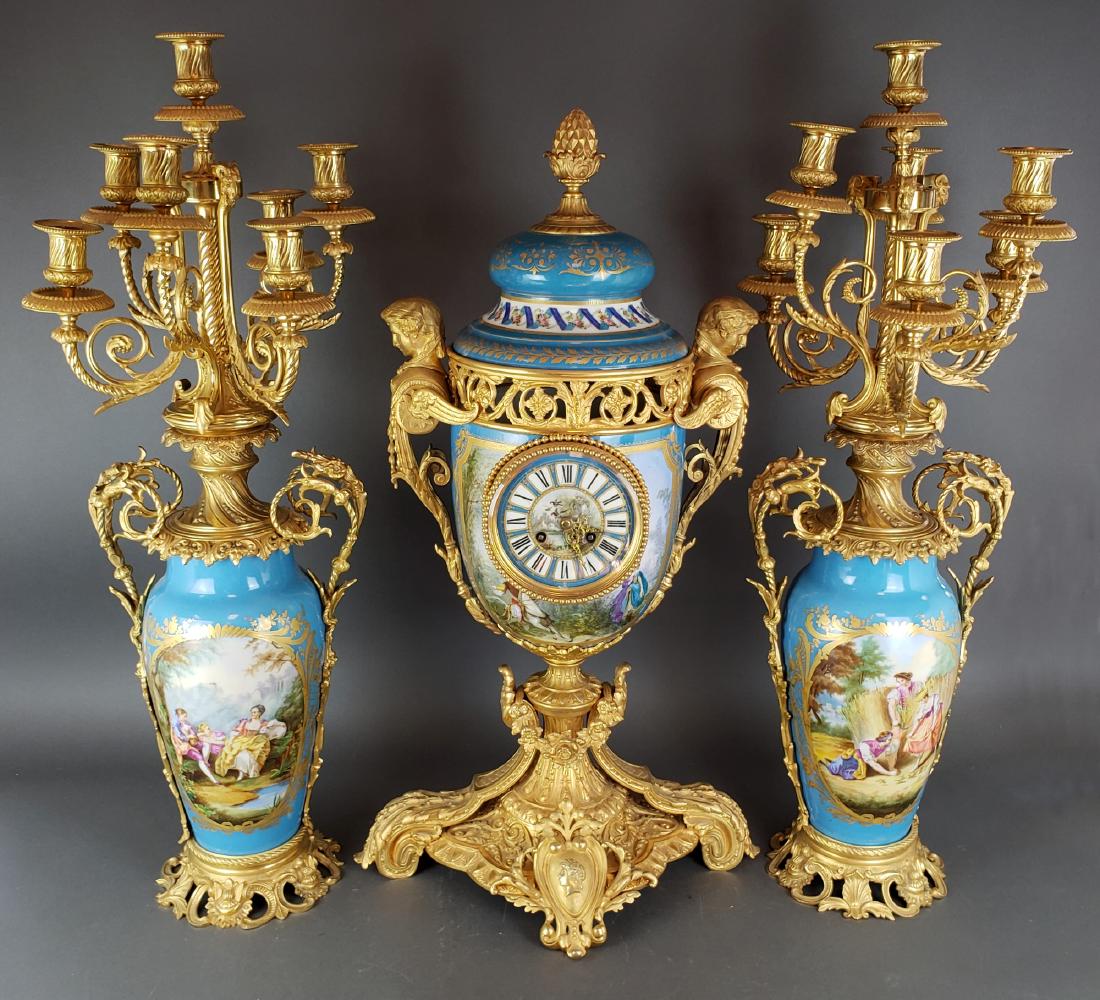 19th C. Large French Sevres Porcelain & Bronze Clockset (1 of 10)