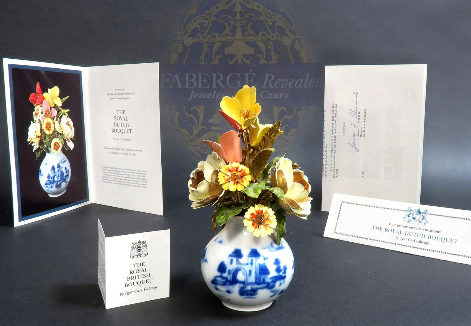 IGOR CARL FABERGE ROYAL DUTCH BOUQUET: IGOR CARL FABERGE ROYAL DUTCH BOUQUET By Igor Carl Faberge for Franklin Mint 1980 Beautiful Tole painted bouquet. Set in a porclean vase painted with Dutch Scenes. This is complete with small wooden b