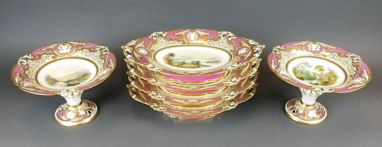 Set of 19th C. Handpainted English Porcelain Tazza Set (1 of 10)