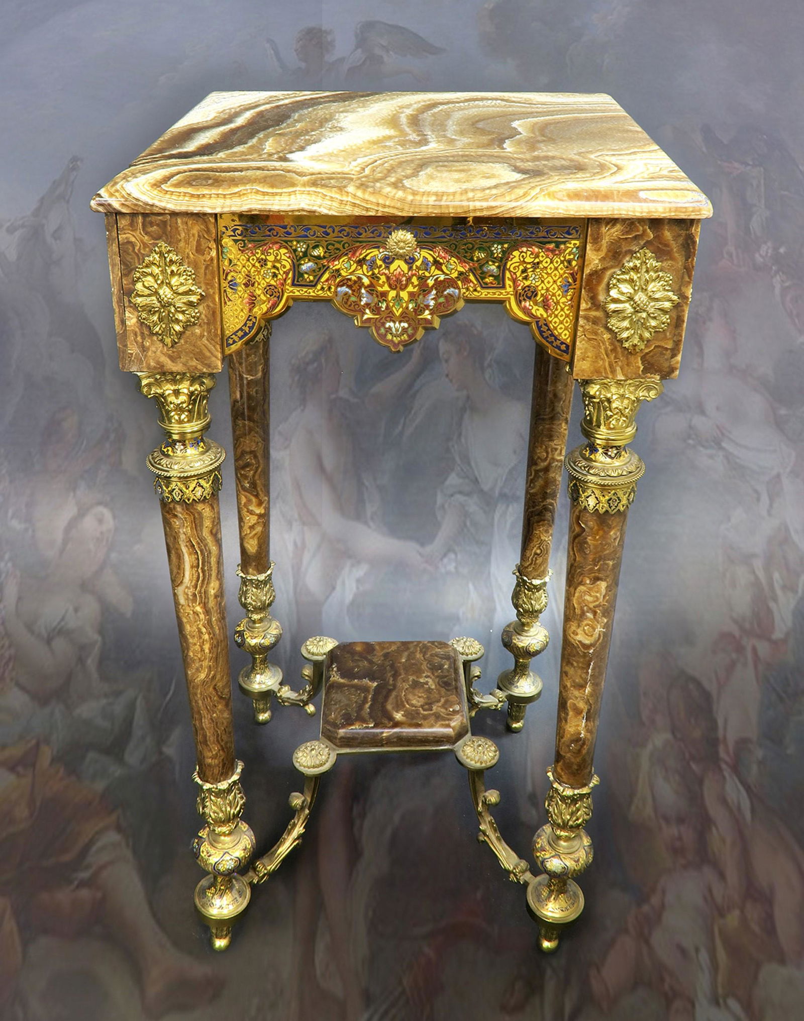 19th C French Champleve Enamel Brown Onyx Side Table in (1 of 1)