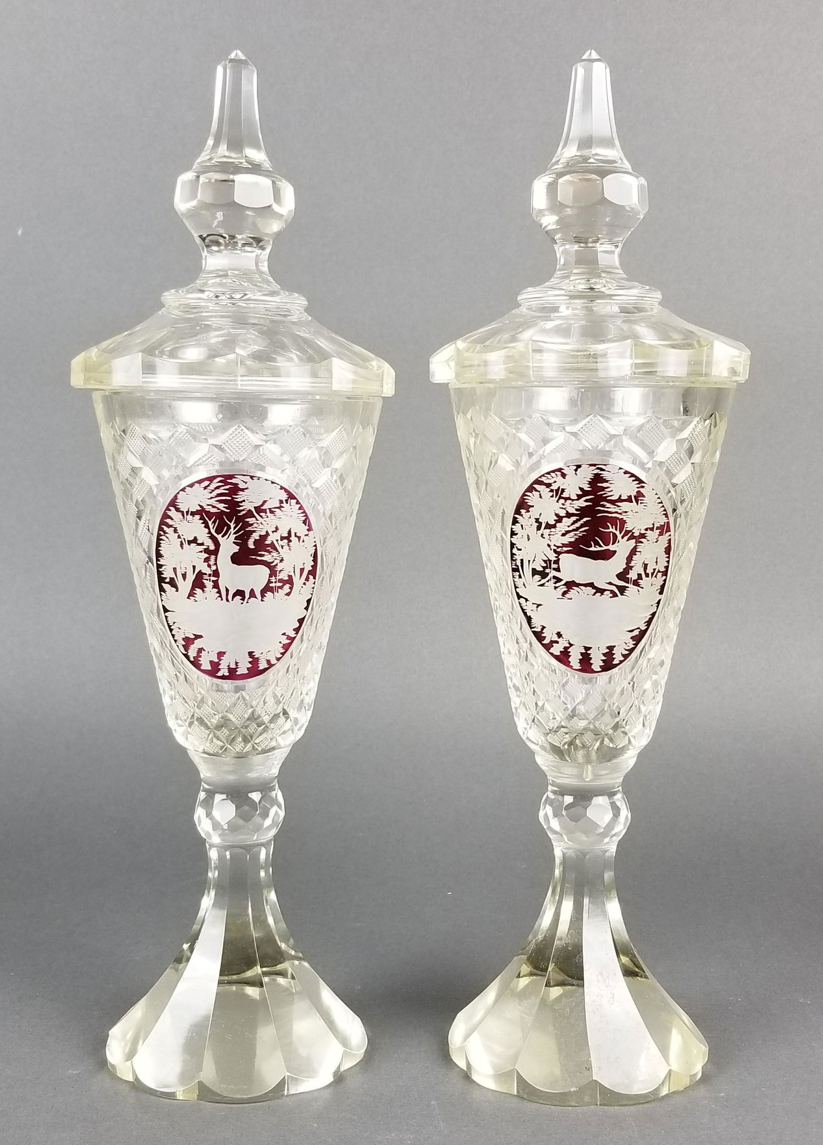 Pair of 19th C. Bohemian Lidded Vases (1 of 4)