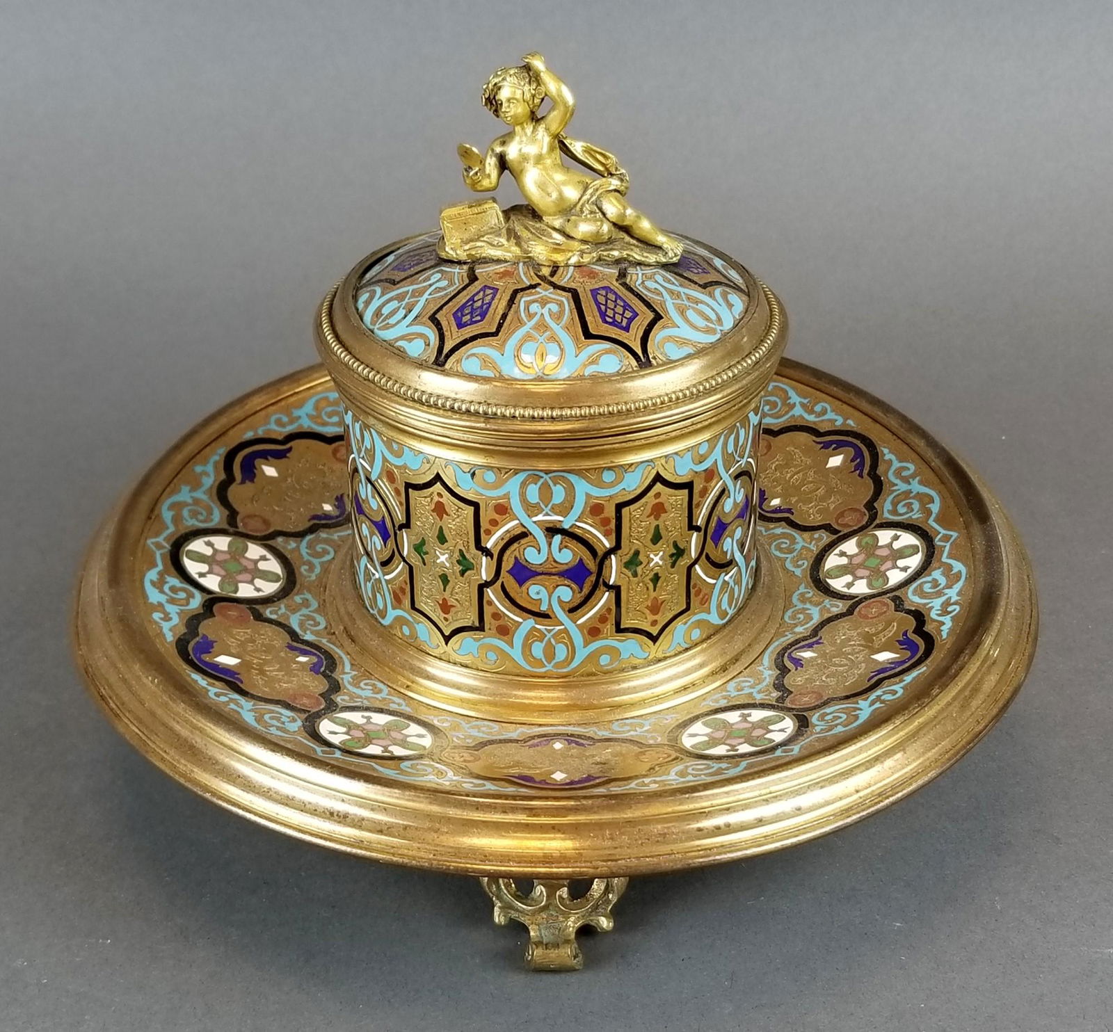 19th C. French Champleve Enamel & Bronze Inkwell (1 of 7)