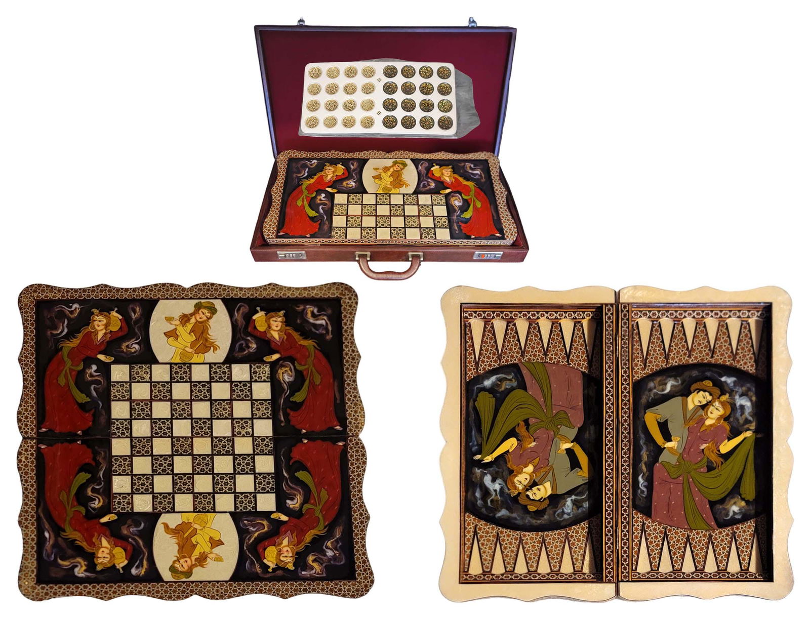 Persian Hand Painted Isfahan Khatam Backgammon Set: Persian Hand Painted Isfahan Khatam Backgammon Set. Closed H 2 1/2" x L 10" x W 19 1/2" \ Open 1 3/8" x W 10" x L 19 1/2" \ Case H 3" x W 13 1/2" x L 25"