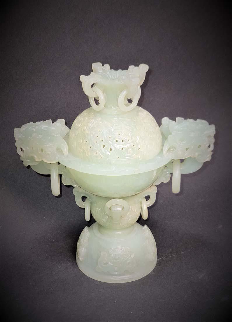 Chinese Hand Carved Pale Green Jade Incense Burner (1 of 4)