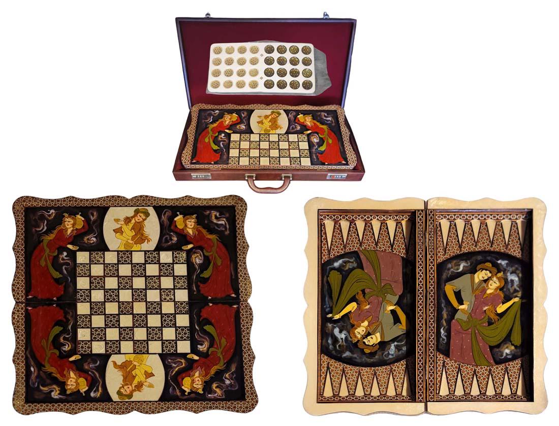 Persian Hand Painted Isfahan Khatam Backgammon Set: Persian Hand Painted Isfahan Khatam Backgammon Set. Closed H 2 1/2" x L 10" x W 19 1/2" \ Open 1 3/8" x W 10" x L 19 1/2" \ Case H 3" x W 13 1/2" x L 25"