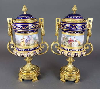 Pair of French Sevres Porcelain & Bronze Urns: Pair of French Sevres Porcelain & Bronze Urns. They measure H: 12 1/4" W: 7 1/4"