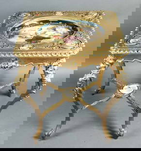 19th C. Royal Vienna Porcelain Inset Porcelain Plaques: 19th C. Royal Vienna Porcelain Inset Porcelain Plaques and Wood Table. Measures 29 3/4" x 19 1/2" x 23 1/4"