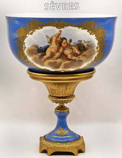 19th C. French Sevres Porcelain Gilt Bronze Centerpiece Bowl: 19th C. French Sevres Porcelain Gilt Bronze Centerpiece Bowl. H 9 1/16" x W 7 1/2"