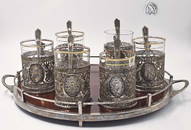 Late 19th C. Set Of 6 Continental Silver Plated Crest Tea Glass Holders Paired With Formica Tray