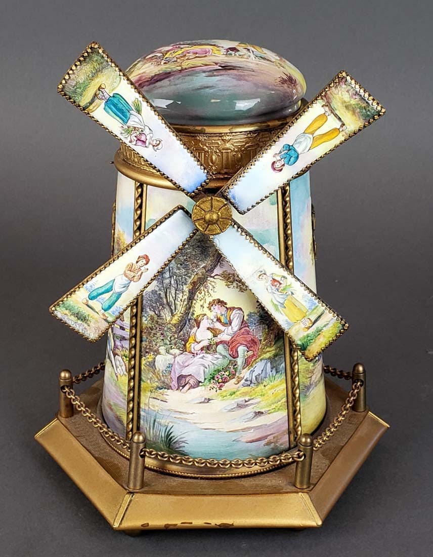 Viennese Enamel Windmill Box: Viennese Enamel Windmill Box. Measures H: 9 1/8" W: 7 1/4"