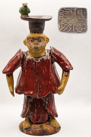 Chinese Pottery Sculpture Figural Monkey & Bird Candlestick