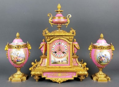 19th C. French Sevres Bronze and Porcelain Clockset