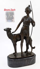 Diana The Goddess Of The Hunt Signed By Austrian Zach Bruno (1891 - 1935) Bronze Sculpture On Marble