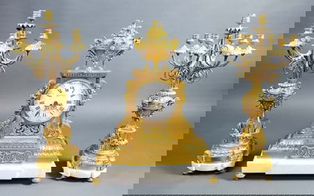 19th C. 3 Pc. French Gilt Bronze and Marble Clockset