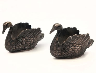 Pair Of Chinese Sterling Silver open salt dish Swans