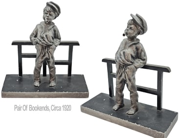 Pair Of Hubbard & Cast Iron Metal Smoking Boy Bookends, Circa 1920