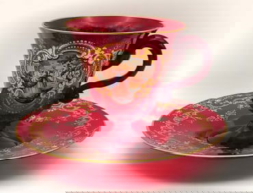 Bohemian Ruby Red Hand Painted Cup & Saucer
